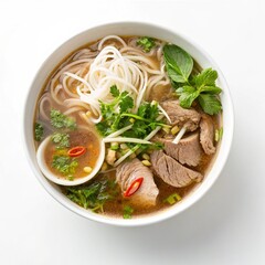 Overhead View of Vietnamese Pho Noodle Soup with Beef,Pho Noodle Soup Bowl Overhead Studio Shot