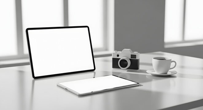 Bright Modern Workspace with Two Tablets (Landscape & Portrait), Vintage Camera, and Coffee Cup on White Table with Sunlight
