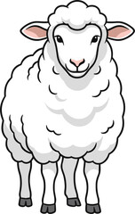 Cartoon sheep with fluffy white wool, rounded face, and pink ears standing forward isolated on white background for farm design