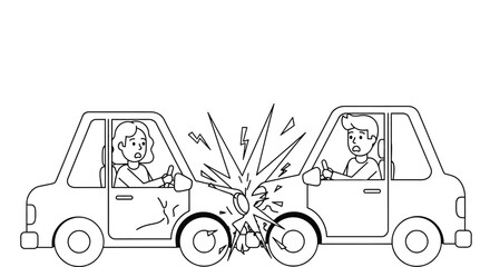 Cartoon car crash with shocked drivers in red and green vehicles