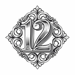 Number 12 with 3d bevel classic ornaments, engraving, and lino cut style illustration