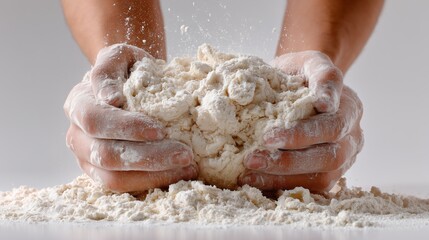 Hands of baker kneading dough with flour scattered on a clean surface in a bright kitchen