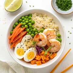 Overhead View of White Bowl Filled with Rice and Peas,Rice and Peas in White Bowl Top View