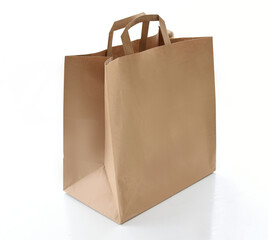 Plain kraft paper shopping bag with handles on a clean white background. Eco-friendly packaging concept for retail, delivery, gifts, or branding. Minimalistic studio shot of a reusable paper bag.