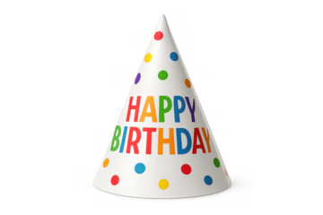 White birthday party hat with colorful polka dots and rainbow happy birthday text, transparent background