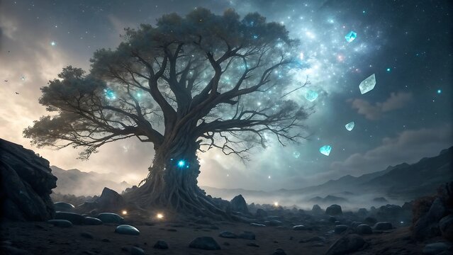 a majestic tree silhouetted against a swirling vibrant galaxy filled with glowing orbs and floating islands creating a fantastical landscape