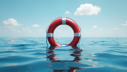 Red lifebuoy floats atop ocean water. The rescue ring sits on the blue surface under the clear sky. Safety concept at sea. A visual for water rescue and help