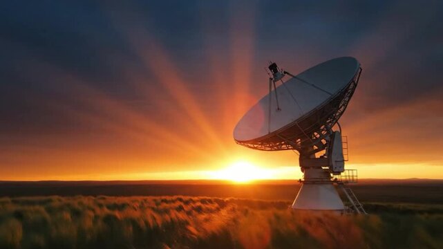 Satellite dish silhouetted against a vibrant sunset, capturing the beauty of technology in nature