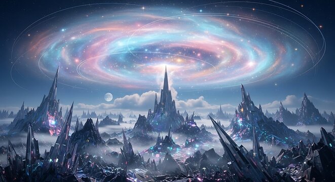 Celestial Cityscape - A Fantasy World Under a Swirling Galaxy.