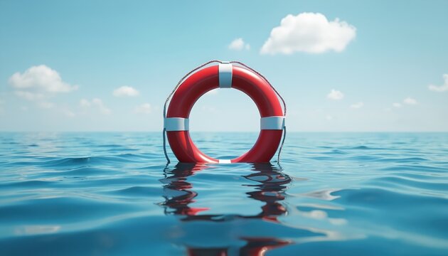 Red lifebuoy floats atop ocean water. The rescue ring sits on the blue surface under the clear sky. Safety concept at sea. A visual for water rescue and help