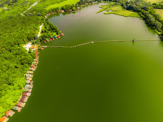 Floating village tata in Hungary. Houses belong to local fishermen. aerial