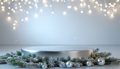 雪とイルミネーション、シルバー台座のホリデーシーズン商品ディスプレイ
