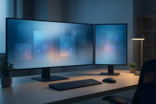 Serene Dual Monitor Workspace Enhance Productivity with Modern Tech and Calm Aesthetics
