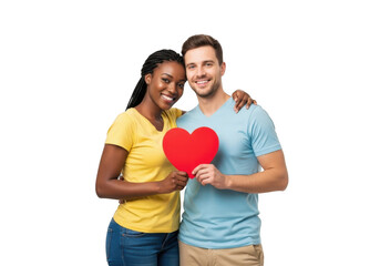 Joyful multiracial couple embracing tightly holding a vibrant red heart symbol of affection and love isolated on transparent background