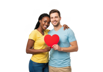 Joyful multiracial couple embracing tightly holding a vibrant red heart symbol of affection and love isolated on transparent background