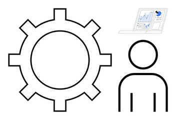 Gear symbolizing process, human figure for user, laptop with charts for analytics. Ideal for workflow, teamwork, user interaction, operations, analysis management collaboration. Simple flat