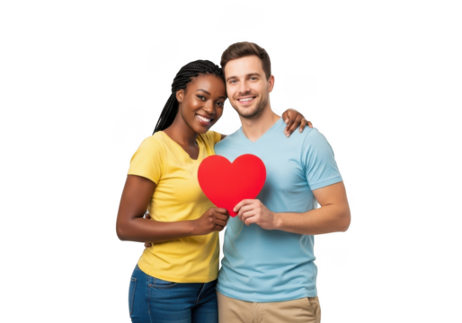 Joyful multiracial couple embracing tightly holding a vibrant red heart symbol of affection and love isolated on transparent background