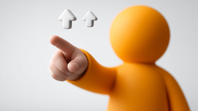 Orange figure pointing at upward arrows, abstract 3D style.
