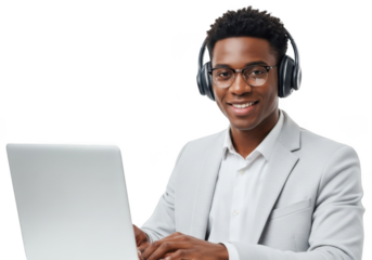 Young black man wearing headphones and glasses working on a laptop computer isolated on transparent background