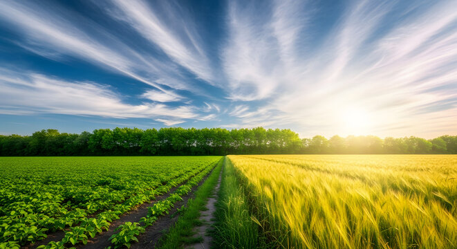 Vibrant green crops and golden wheat field under a dramatic sky