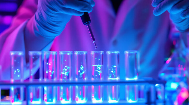 Scientist pipetting glowing liquid into test tubes under neon laboratory light
