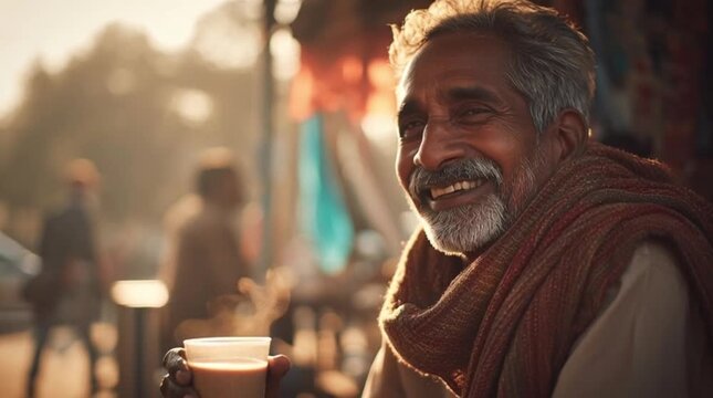 Happy Desi Man Sips Warm Chai Outdoors Golden Hour Sun