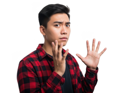 Young asian man with concerned expression and raised hand showing five fingers isolated on transparent background