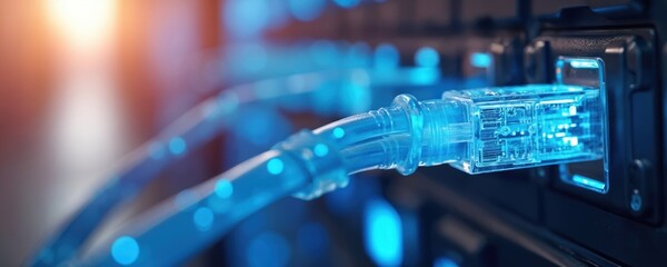 Network cables connect to server rack in data center. Blue lights indicate data transfer and connectivity. Tech infrastructure for modern internet services and cloud computing.