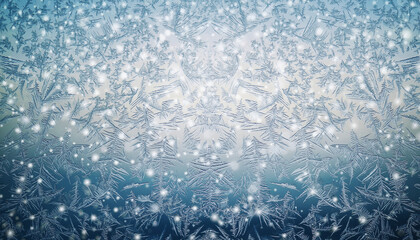 Fototapeta premium Abstract winter background with intricate frost patterns, sparkling ice crystals, and glowing snowflakes