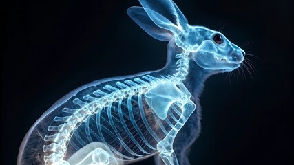 an ethereal x ray image showcases the delicate skeletal structure of a rabbit highlighting its bones and form in a striking blue tone