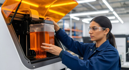 Woman scientist operating a modern bioprinter with orange resin. Biotechnology research and development with advanced manufacturing technology.