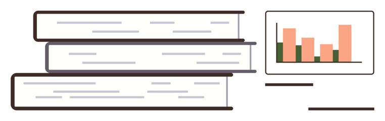 Stack of books placed beside a screen displaying a bar chart in pastel colors. Ideal for education, analytics, research, learning, study, data visualization, academic pursuits. Simple flat metaphor