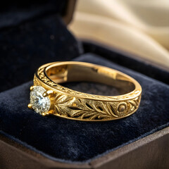 A luxurious gold ring with intricate details, displayed on a dark velvet background.