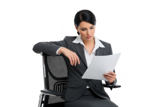 Professional woman in business attire sitting and reviewing documents with focused expression isolated on transparent background