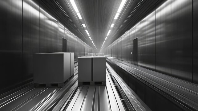 Automated warehouse conveyor system moving logistics boxes on pallets