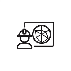 Worker Performance Review icon symbolizing data-driven assessment and optimization. Features a worker and a technical screen, representing efficiency evaluation, skill review, productivity analysis.