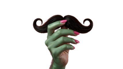 A green hand with pink nails holds a black mustache, creating a whimsical and humorous image with a playful contrast