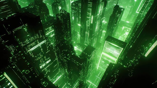 Green neon futuristic cyberpunk city with data stream