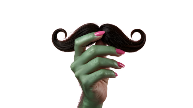 A green hand with pink nails holds a black mustache, creating a whimsical and humorous image with a playful contrast
