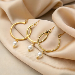 Elegant earrings displayed on soft beige fabric, shimmering details.