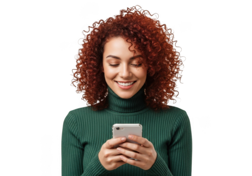 Smiling young woman with vibrant curly red hair wearing a green turtleneck holding a smartphone isolated on transparent background