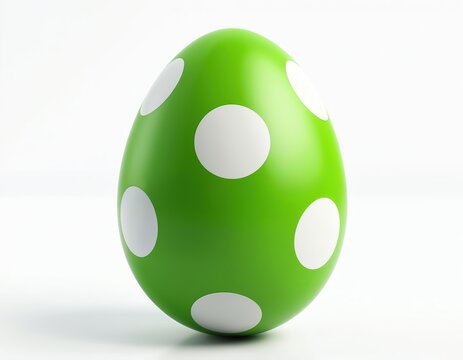 Bright green Easter egg with white dots against white background. Simple dotted egg design. Symbol for spring holiday, celebration and decoration. Concept for easter hunt, egg painting, colorful egg.
