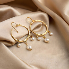 Elegant earrings displayed on soft beige fabric, shimmering details.