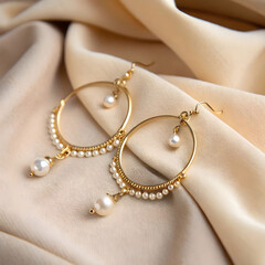 Elegant earrings displayed on soft beige fabric, shimmering details.