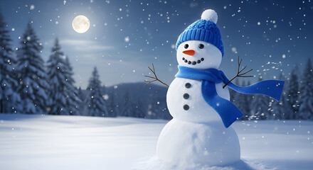 Obraz premium Cheerful snowman wearing blue hat and scarf.
