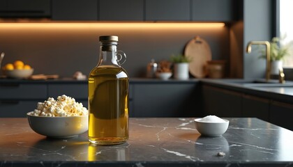 Modern kitchen counter glass bottle of cooking oil. White bowl of fresh popcorn, another small bowl of salt nearby. Dark cabinets with warm yellow light create stylish home interior setting. Ready