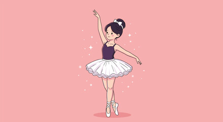 Cartoon ballerina performing graceful ballet pose in white tutu, pink background with sparkles, elegant dance movement, artistic illustration concept