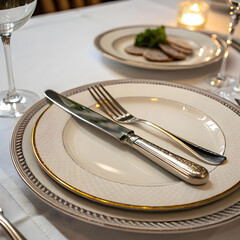 Elegant dinner setting with plate, knife, and fork, neatly arranged, inviting.
