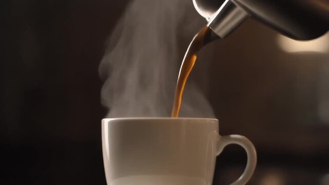 Close-up Of Coffee Pouring Into White Ceramic Cup With Steam in Dark Background