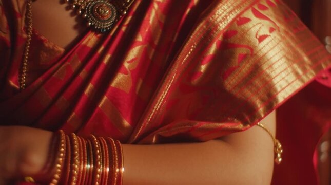 Elegant Desi Woman in Traditional Saree Gold Jewelry